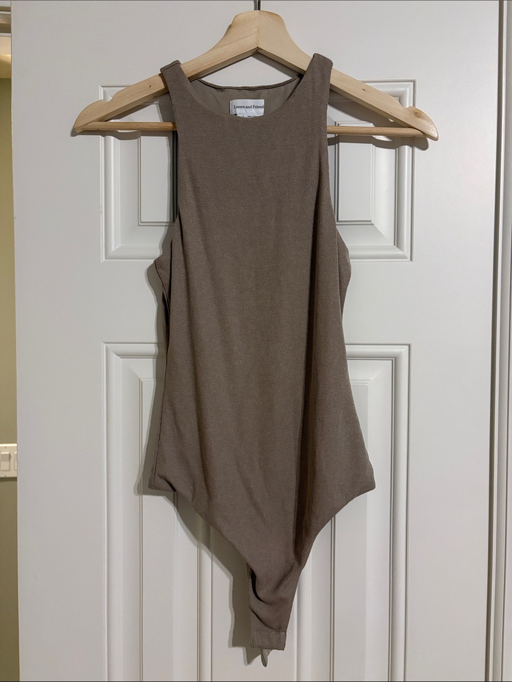 Lovers + Friends Taupe Ribbed High-Neck Bodysuit